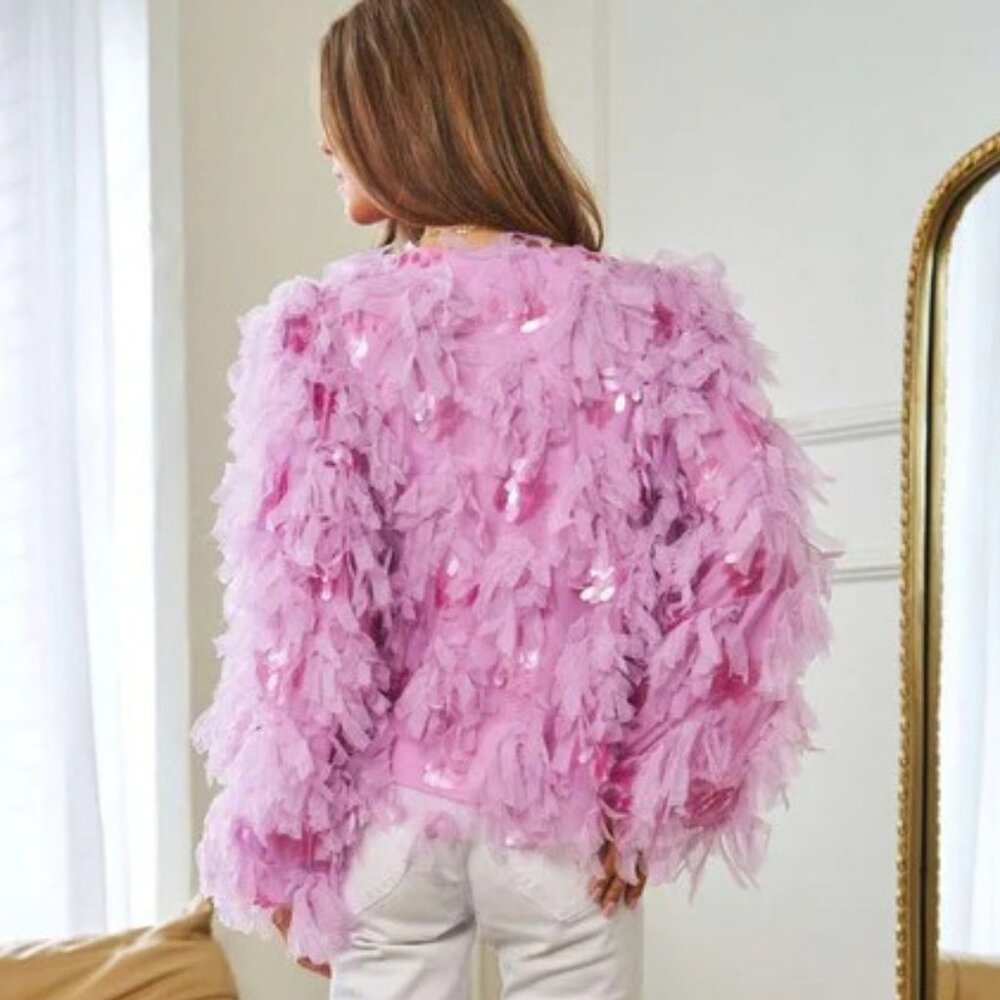 💥SHOWSTOPPER💥Jazzy 20's Flapper Style Fluffy Tiered Sequined Jacket in Pink - Picture 10 of 16